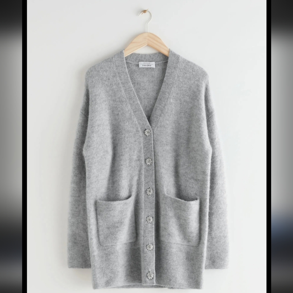 & Other Stories Alpaca Gray Relaxed Alpaca Blend Diamanté Button Cardigan Size M - Picture 2 of 4